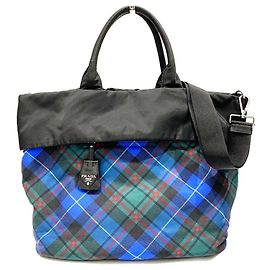Prada BR4521 Handbag Black Blue Nylon Leather Black Blue