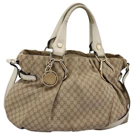 Céline-CELINE Macadam Canvas Hand Bag 2way Beige White gold Auth bs22028-White,Beige,Golden