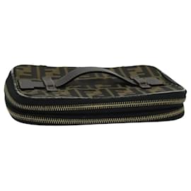 Fendi-FENDI Zucca Canvas Vanity Pouch Brown Black gold Auth 112683-Brown,Black,Golden
