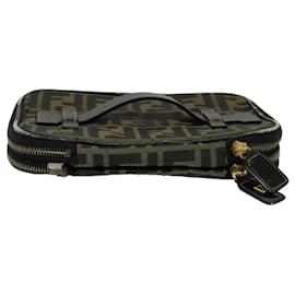 Fendi-FENDI Zucca Canvas Vanity Pouch Brown Black gold Auth 112683-Brown,Black,Golden