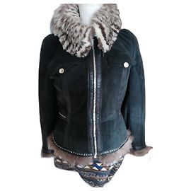 Autre Marque Black deerskin suede jacket with silver fox collar Black