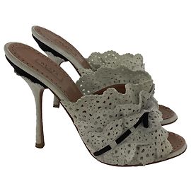 Alaïa Lasercut Slide Heels in White Suede White Cream