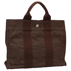 Hermès-HERMES Sac Tote PM Her Line Toile Brun Argent Auth 96726-Marron,Argenté
