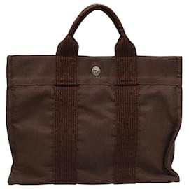 Hermès-HERMES Sac Tote PM Her Line Toile Brun Argent Auth 96726-Marron,Argenté