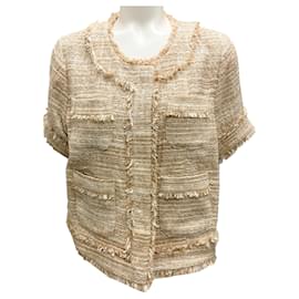 Autre Marque-Ann Mashburn Tan Raffia Textured Tweed Short Sleeved Kiki Jacket-Camel