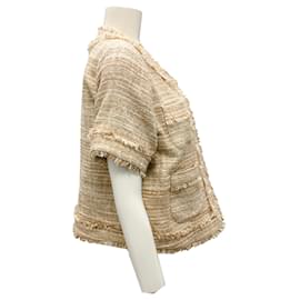Autre Marque-Ann Mashburn Tan Raffia Textured Tweed Short Sleeved Kiki Jacket-Camel