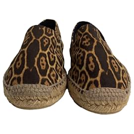 Saint Laurent- Saint Laurent Logo Leopard Print Espadrille Flats in Brown Canvas-Other,Python print