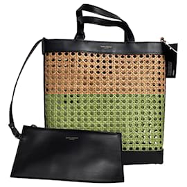 Saint Laurent-Saint Laurent Shopping Toy Leather-Trimmed Straw Tote In Brown Straw-Black