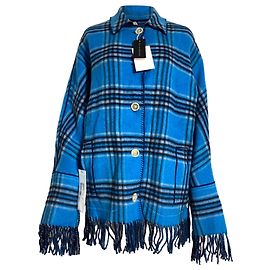 Marni Reversible Fringed Checked Jacket in Blue Wool Blue