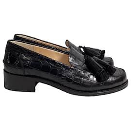 Christian Louboutin-Christian Louboutin Badmoc Tasseled Croc-Effect Loafers in Black Leather-Black
