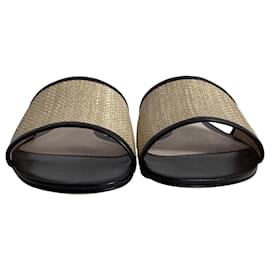 Autre Marque-Porte & Paire Leather-Trimmed Slides in Black Raffia-Beige
