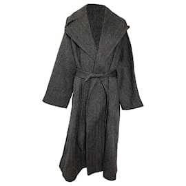 Alaïa- Alaïa Herringbone Belted Wrap Coat in Grey Wool-Grey