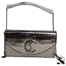 Christian Louboutin-Christian Louboutin Loubi54 Clutch Bag in Metallic Silver Leather-Silvery,Metallic
