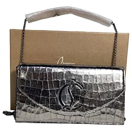 Christian Louboutin-Christian Louboutin Loubi54 Clutch Bag in Metallic Silver Leather-Silvery,Metallic
