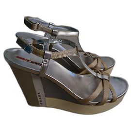 Prada Leather Wedge Sandals Silvery Beige Grey 39.5 Silvery Beige Grey