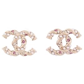 Chanel-NINE CHANEL CC LOGO EARRINGS WITH PEARLS AND STRASS IN GOLD METAL-Golden