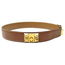Hermès-HERMES MEDOR COLLAR DOG T78 IN COURCHEVEL GOLD LEATHER BELT-Brown
