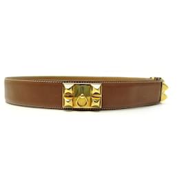 Hermès-HERMES MEDOR COLLAR DOG T78 IN COURCHEVEL GOLD LEATHER BELT-Brown