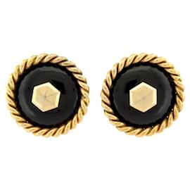 Chanel-VINTAGE CHANEL EARRINGS 1960 BLACK STUD HEAD GOLD METAL CLIP-ON-Golden