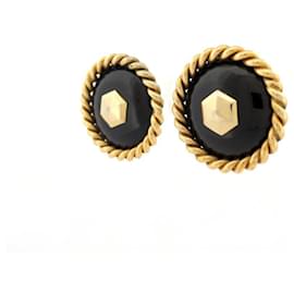 Chanel-VINTAGE CHANEL EARRINGS 1960 BLACK STUD HEAD GOLD METAL CLIP-ON-Golden