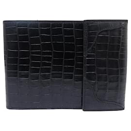 Céline-VINTAGE CELINE WALLET CHECKBOOK COIN CARDS CROCODILE LEATHER WALLET-Black