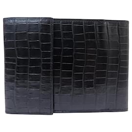 Céline-VINTAGE CELINE WALLET CHECKBOOK COIN CARDS CROCODILE LEATHER WALLET-Black