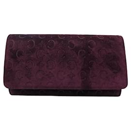 Céline-VINTAGE GRAND CELINE WALLET WITH TRIOMPHE PATTERN & PLUM SUEDE-Prune