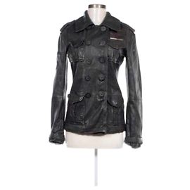 Superdry Fine Tailoring Superior Thread Count Double Breasted Black Leather Retro Jacket, size Small Black