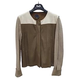 Fendi-Fendi Brown Beige Ivory Perforated Leather Moto Jacket Sz.40-Multiple colors