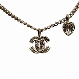 Chanel-CHANEL 06P Coco Mark Rhinestone Heart Accessory Necklace-Silvery