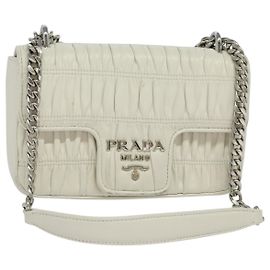 PRADA Gathered Chain Shoulder Bag Leather White Silver Auth mr992 Silvery White
