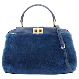Fendi-Fendi Peekaboo shearling fur gold hardware turnlock crossbody satchel-Blue