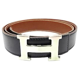 Hermès-Hermes Box Calf Leather Belt-Black,Silvery