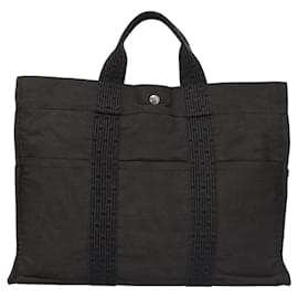 Hermès-HERMES Sac Tote Her Line MM Toile Gris Argent Auth 114261-Marron,Argenté