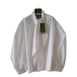 Gucci-GUCCI WHITE COTTON POPLIN SHIRT WITH BOW AT THE COLLAR.-White