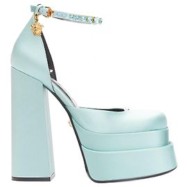 Versace Medusa Aevitas sky satin Medusa charm platform heels Blue