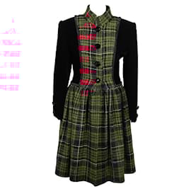 Autre Marque-Vintage Black Velvet Red Tartan Coat Robe Manteau-Red