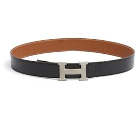 Hermès-Hermès Belt A composer T75 Silver H Black Gold Leather Belt 30in US28 Hermes-Black,Silvery,Caramel