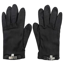 Hermès-Hermes Black Kelly Leather Short Gloves-Black,Silvery
