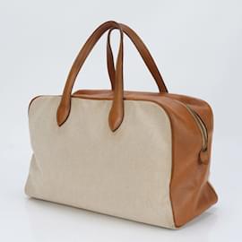 Hermès-Hermes 〇L Engraved Victoria 43 Leather Toile GM Boston Bag-Brown,Beige