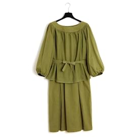 Yves Saint Laurent-Yves Saint Laurent YSL 1985s Ensemble FR38 Olive Cotton Top and Skirt UK10 US8-Green