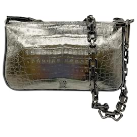 Autre Marque-Maria Oliver Silver Metallic Genuine Crocodile Skin Leather Handbag-Silvery