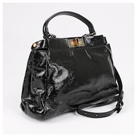 Fendi-Fendi Peekaboo Patent Leather 2Way Handbag in Black 8BN211-Black