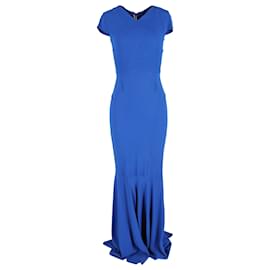 Roland Mouret- Roland Mouret Valey Maxi V-Neck Gown Dress in Blue Viscose-Blue