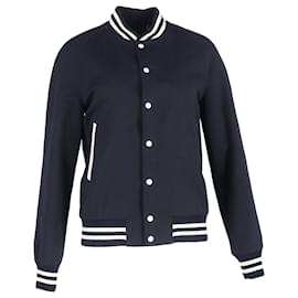Sandro- Sandro Paris Striped Varsity Jacket in Navy Blue Polyester-Blue,Navy blue