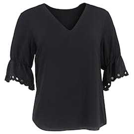 Chloé- Chloé V-Neck Scalloped Sleeve Blouse in Black Silk-Black
