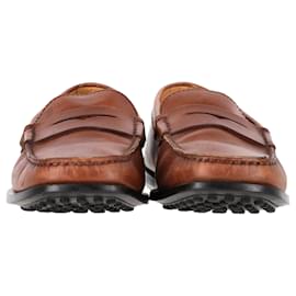 Tod's- Tod's Square-Toe Penny Loafers in Brown Leather-Brown,Red