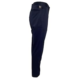 Louis Vuitton- Louis Vuitton Logo Buckle Slim-Fit Trousers in Navy Blue Cotton-Blue,Navy blue