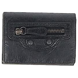 Balenciaga-Balenciaga Le City Trifold Mini Wallet n Black Crinkled Lamb Leather-Black