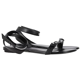 Balenciaga- Balenciaga Afterhour Logo Ankle Strap Flat Sandals in Black Leather-Black